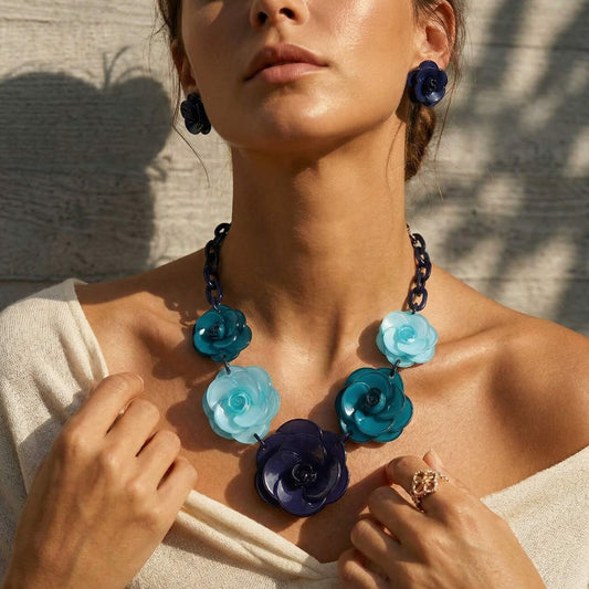 Bold Blue Tone Acrylic Flower Statement Jewelry Set - Chunky Necklace & Earrings