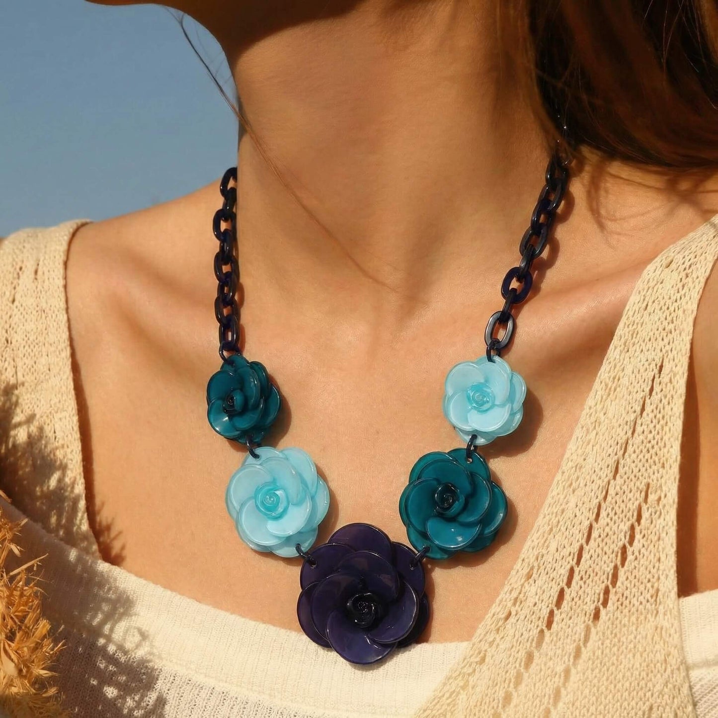 Bold Blue Tone Acrylic Flower Statement Jewelry Set - Chunky Necklace & Earrings