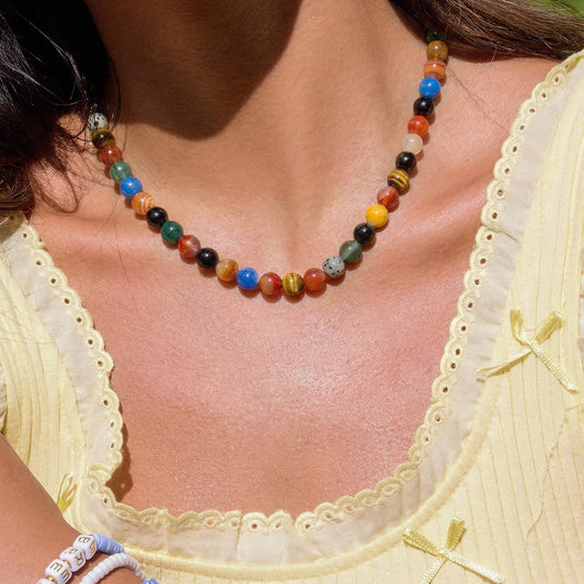 Vibrant Rainbow Agate Beaded Choker - Multi-Color Natural Stone Clavicle Necklace