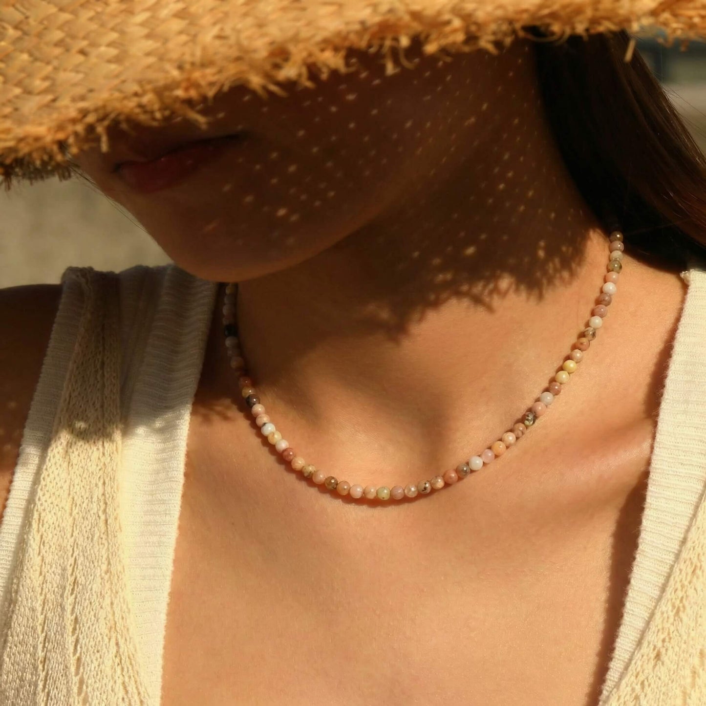 Minimalist Warm-Tone Natural Stone Choker - Delicate Summer Beaded Clavicle Chain