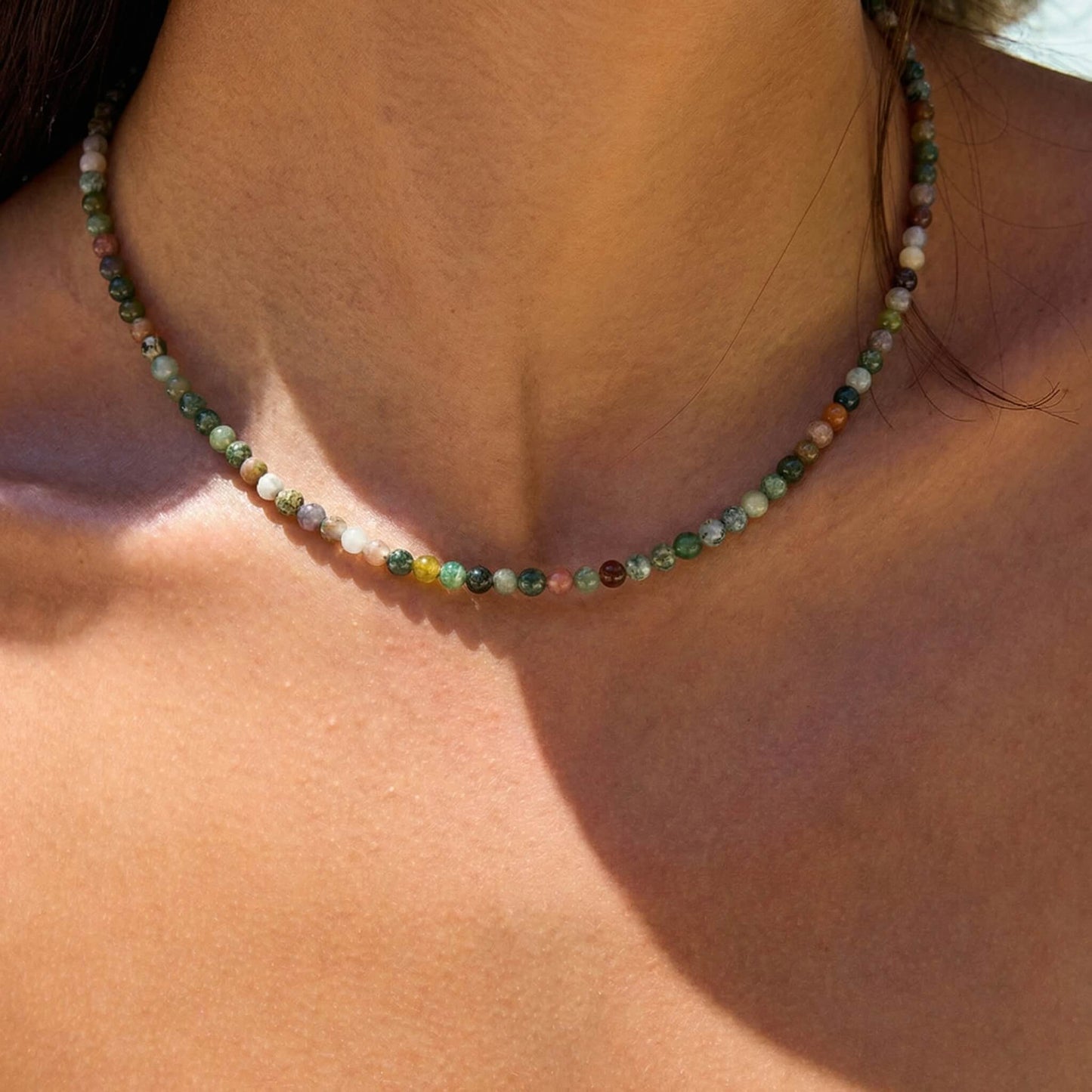 Moss Agate Natural Stone Choker - Delicate Summer Beaded Clavicle Chain - Boho Organic Necklace
