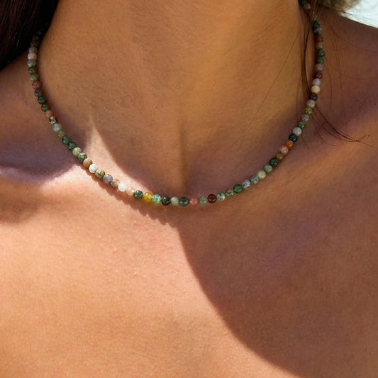 Moss Agate Natural Stone Choker - Delicate Summer Beaded Clavicle Chain - Boho Organic Necklace