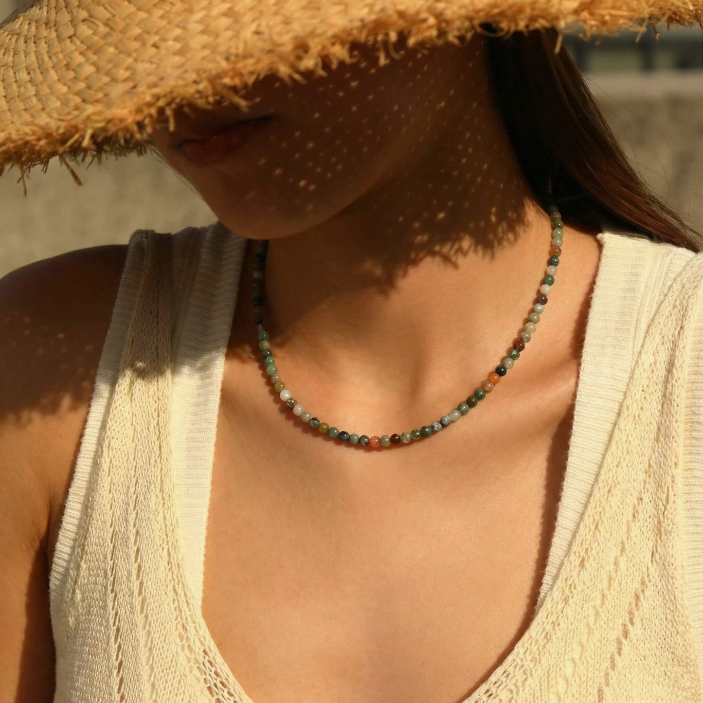 Moss Agate Natural Stone Choker - Delicate Summer Beaded Clavicle Chain - Boho Organic Necklace