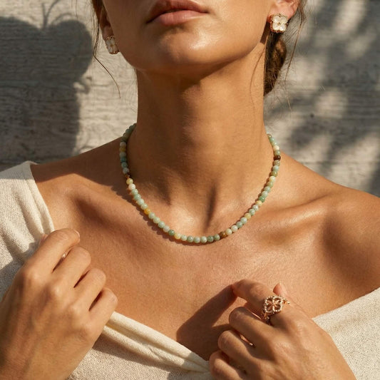 Summer Natural Stone Beaded Choker – Dainty Pastel Gemstone Necklace, Handmade Boho Clavicle Chain