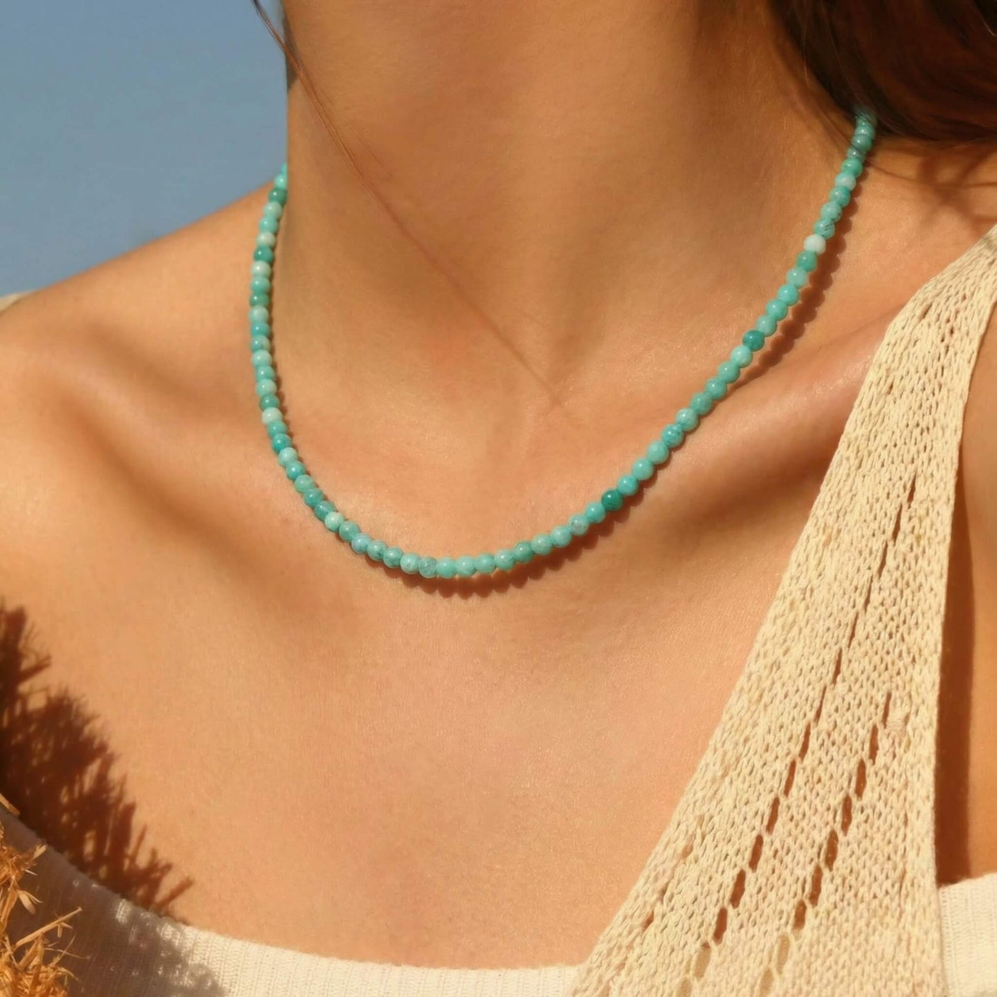 Natural Sea Blue Gemstone Choker – Dainty Aquamarine-Hued Beaded Necklace, Summer Ocean-Inspired Clavicle Chain