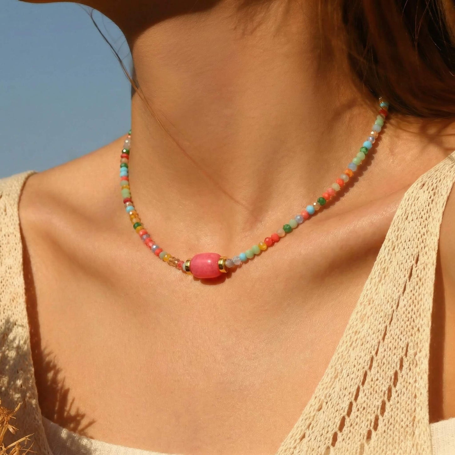 Rainbow Summer Natural Stone Choker – Colorful Beaded Necklace with Pink Gemstone Centerpiece, Gold Tone Clavicle Chain