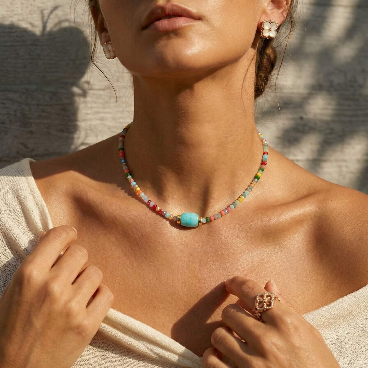 Rainbow Summer Natural Stone Choker – Vibrant Multi-Color Beaded Necklace , Gold Tone Clavicle Chain