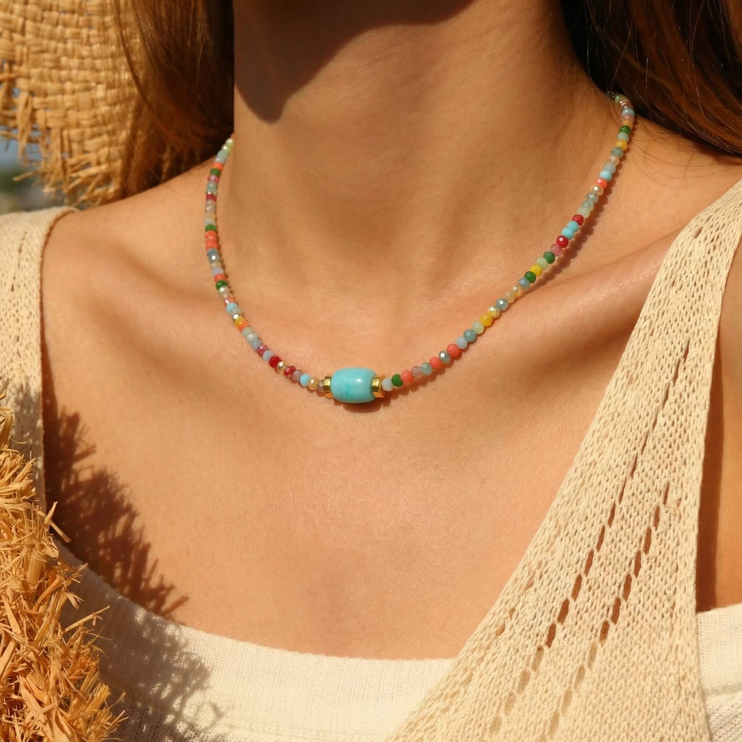 Rainbow Summer Natural Stone Choker – Vibrant Multi-Color Beaded Necklace , Gold Tone Clavicle Chain