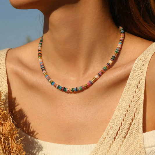 Boho Summer Natural Stone Disc Choker – Colorful Heishi Beaded Necklace with Gold Accents, Vintage Clavicle Chain