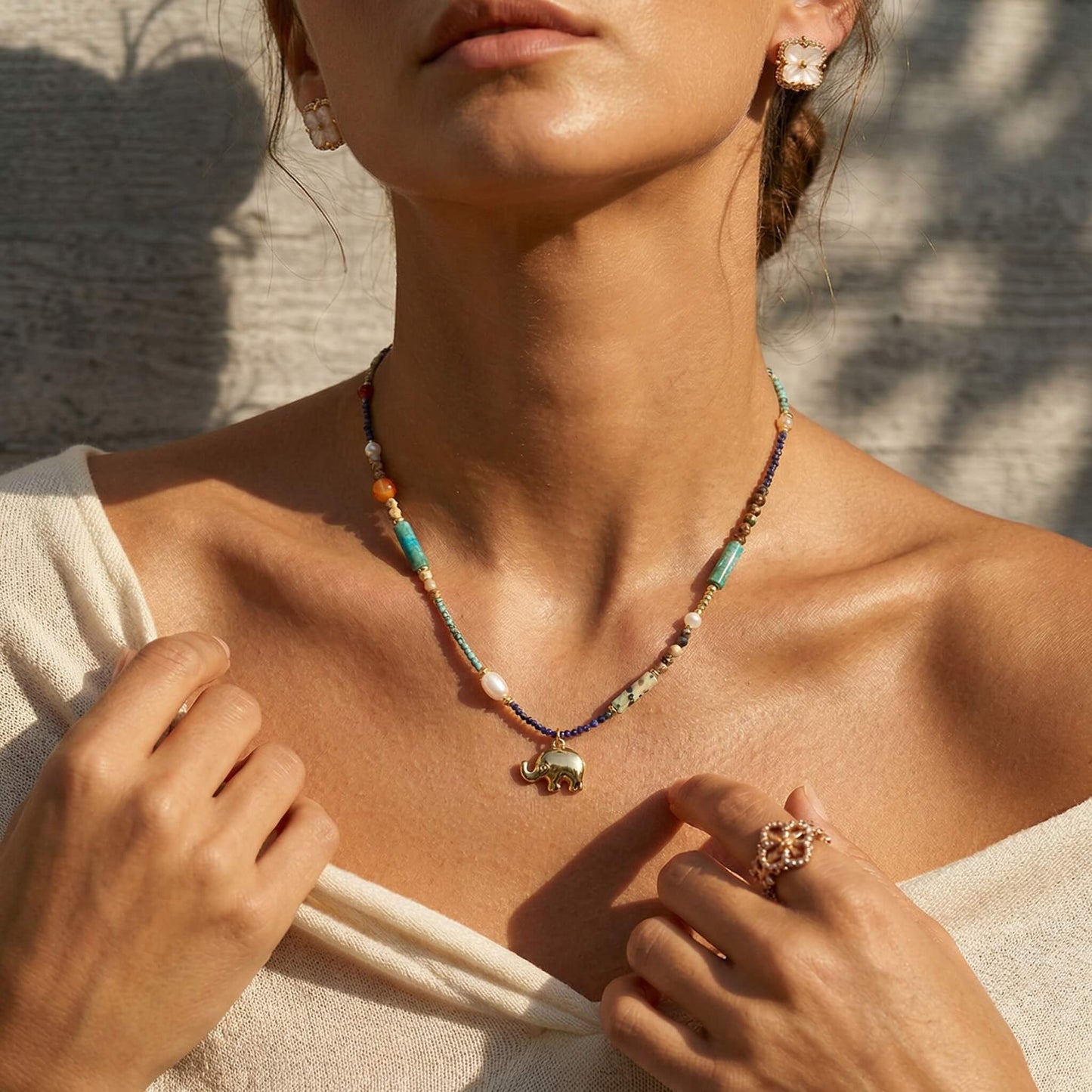 Natural Stone Choker – Multi-Gemstone Beaded Necklace with Freshwater Pearls, Vintage Boho Clavicle Chain