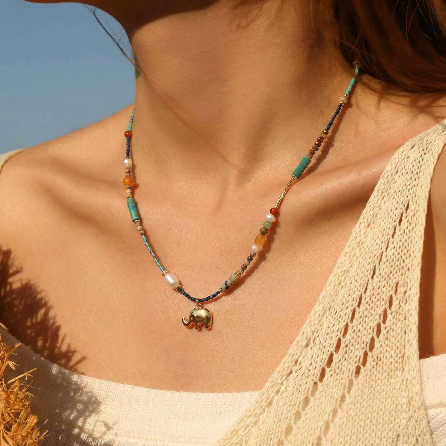 Natural Stone Choker – Multi-Gemstone Beaded Necklace with Freshwater Pearls, Vintage Boho Clavicle Chain