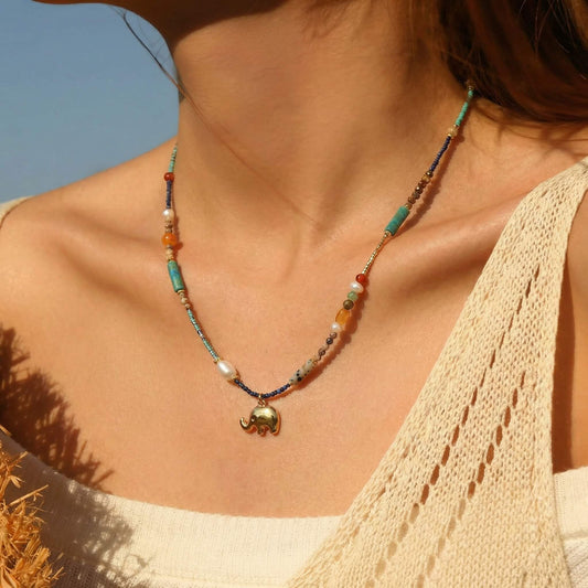 Natural Stone Choker – Multi-Gemstone Beaded Necklace with Freshwater Pearls, Vintage Boho Clavicle Chain