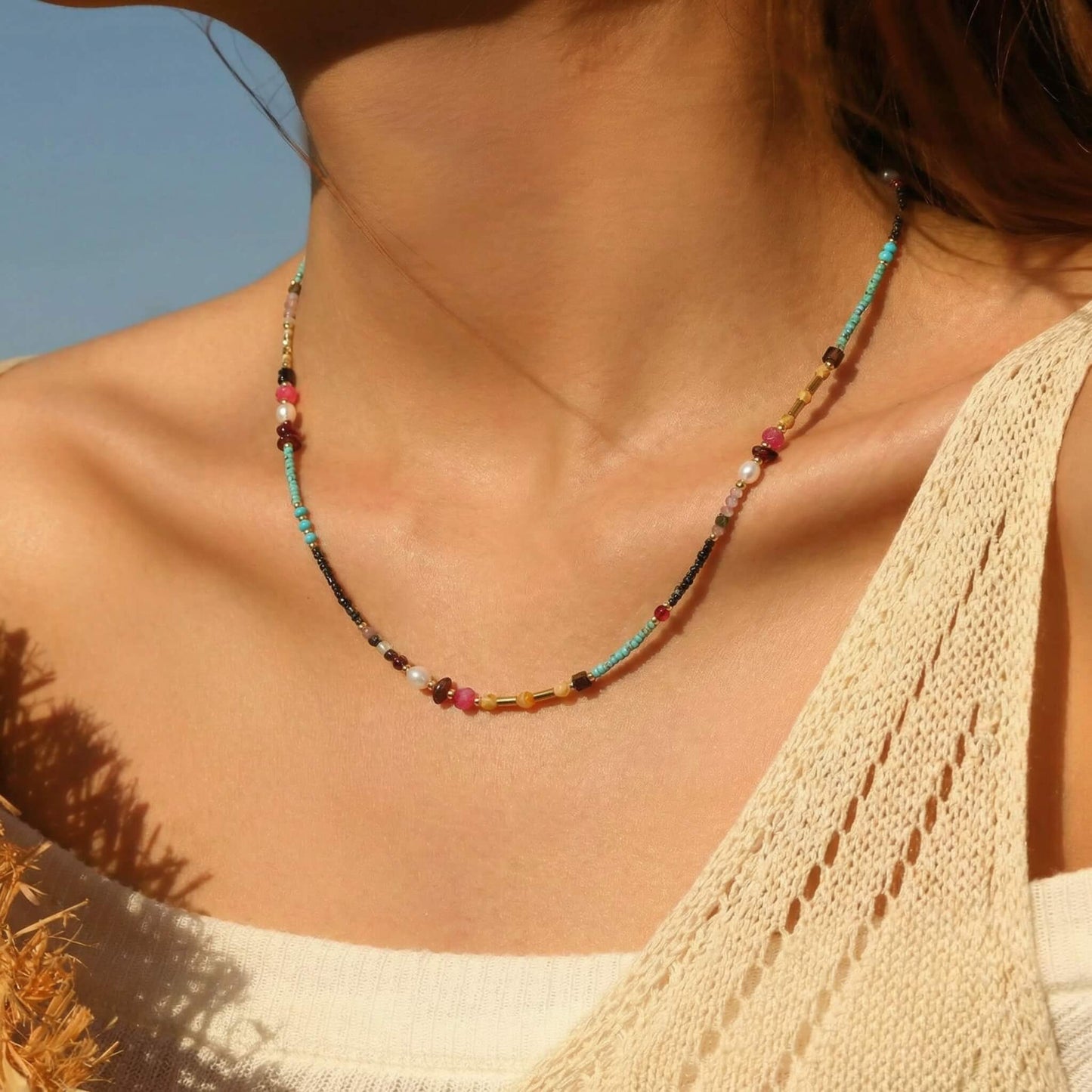 Vintage Fine Beaded Natural Stone Choker – Multi-Gemstone Necklace, Dainty Colorful Boho Clavicle Chain