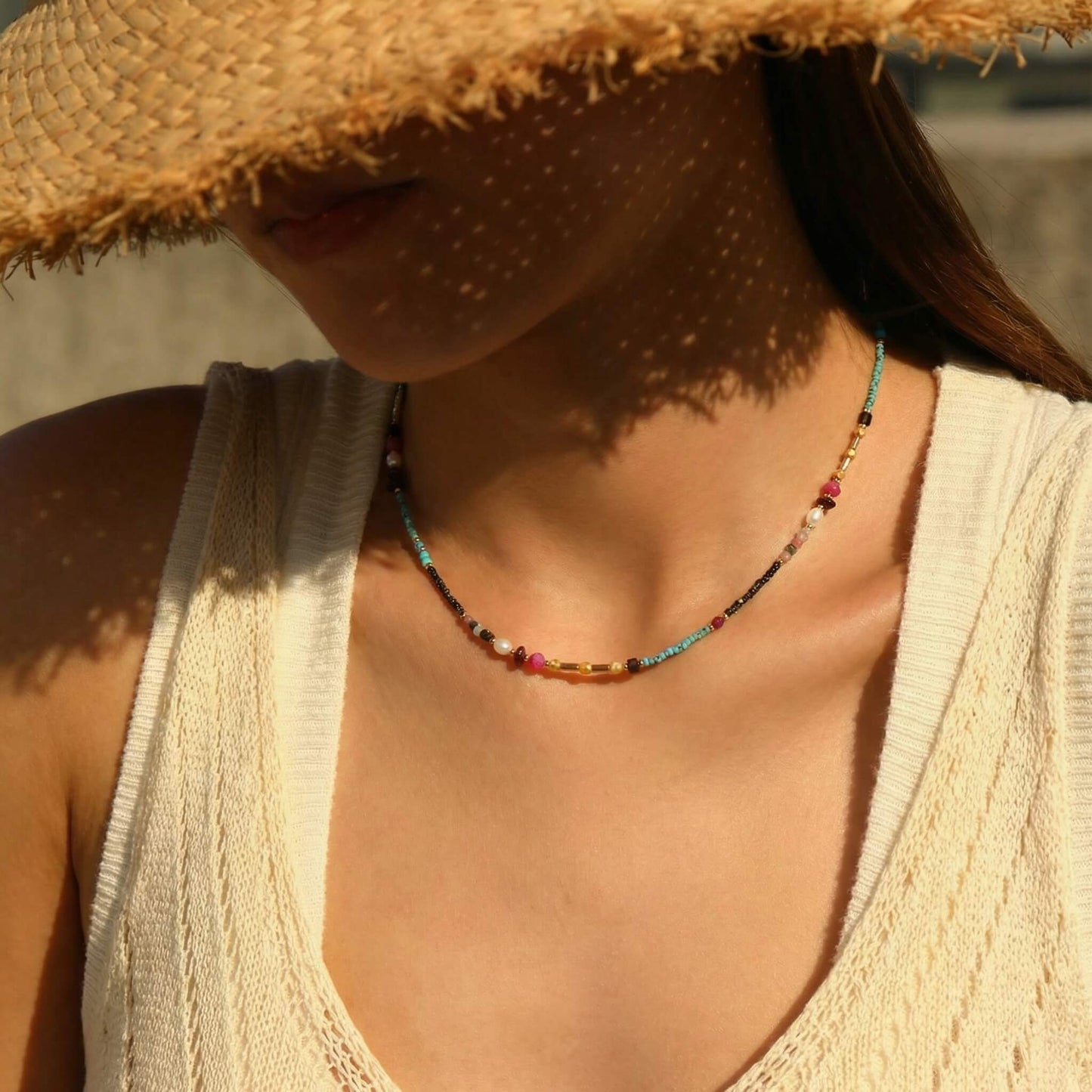 Vintage Fine Beaded Natural Stone Choker – Multi-Gemstone Necklace, Dainty Colorful Boho Clavicle Chain
