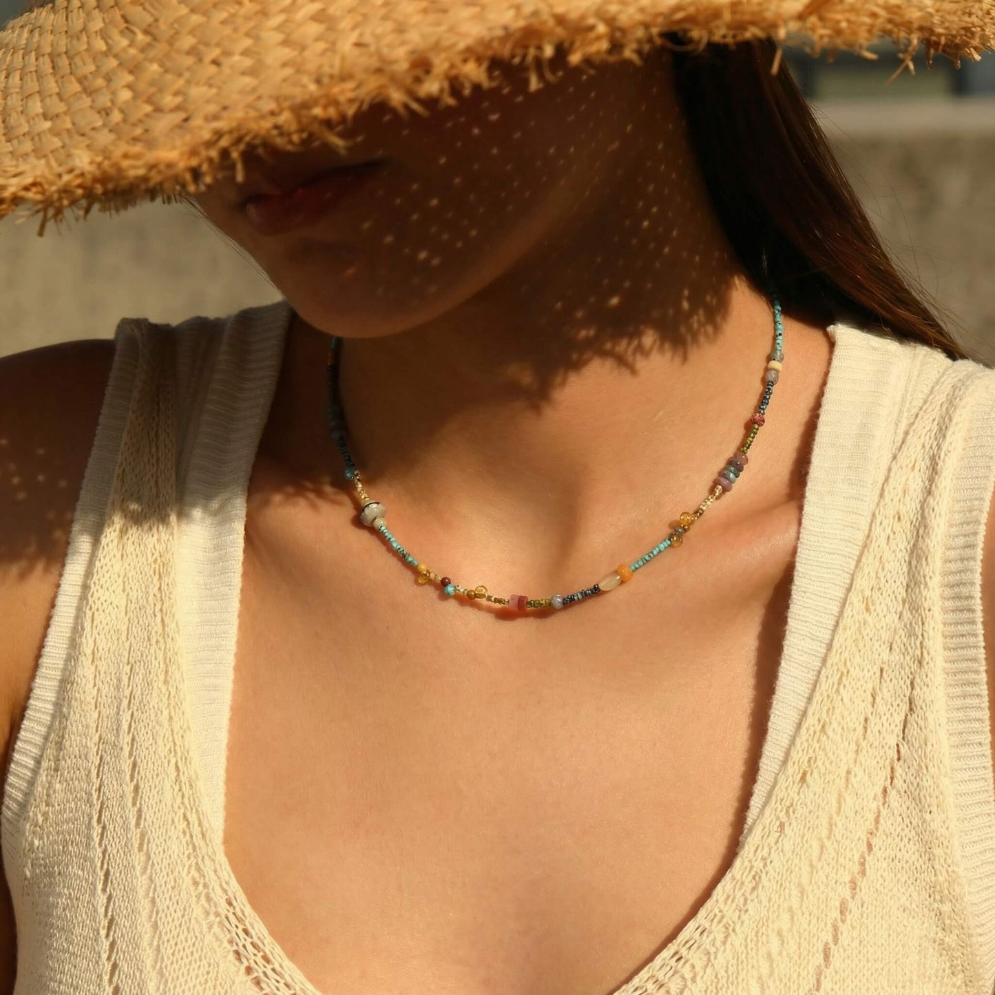 Vintage Natural Stone Choker – Handcrafted Multi-Gemstone Beaded Necklace, Eclectic Boho Clavicle Chain
