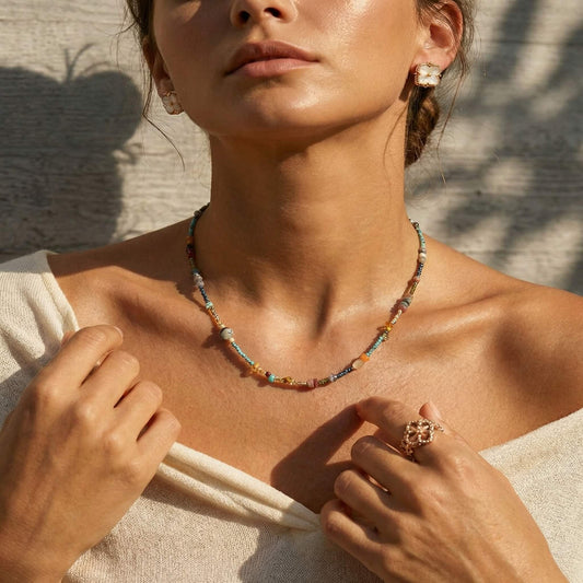Vintage Natural Stone Choker – Handcrafted Multi-Gemstone Beaded Necklace, Eclectic Boho Clavicle Chain