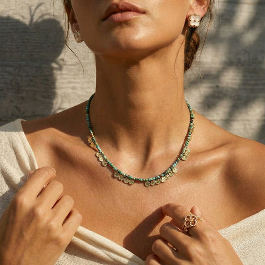 Vintage Natural Stone Choker – Gold Coin Tassel Beaded Necklace, Boho-Chic Gypsy Clavicle Chain