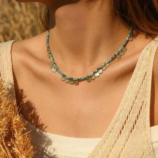 Vintage Natural Stone Choker – Gold Coin Tassel Beaded Necklace, Boho-Chic Gypsy Clavicle Chain