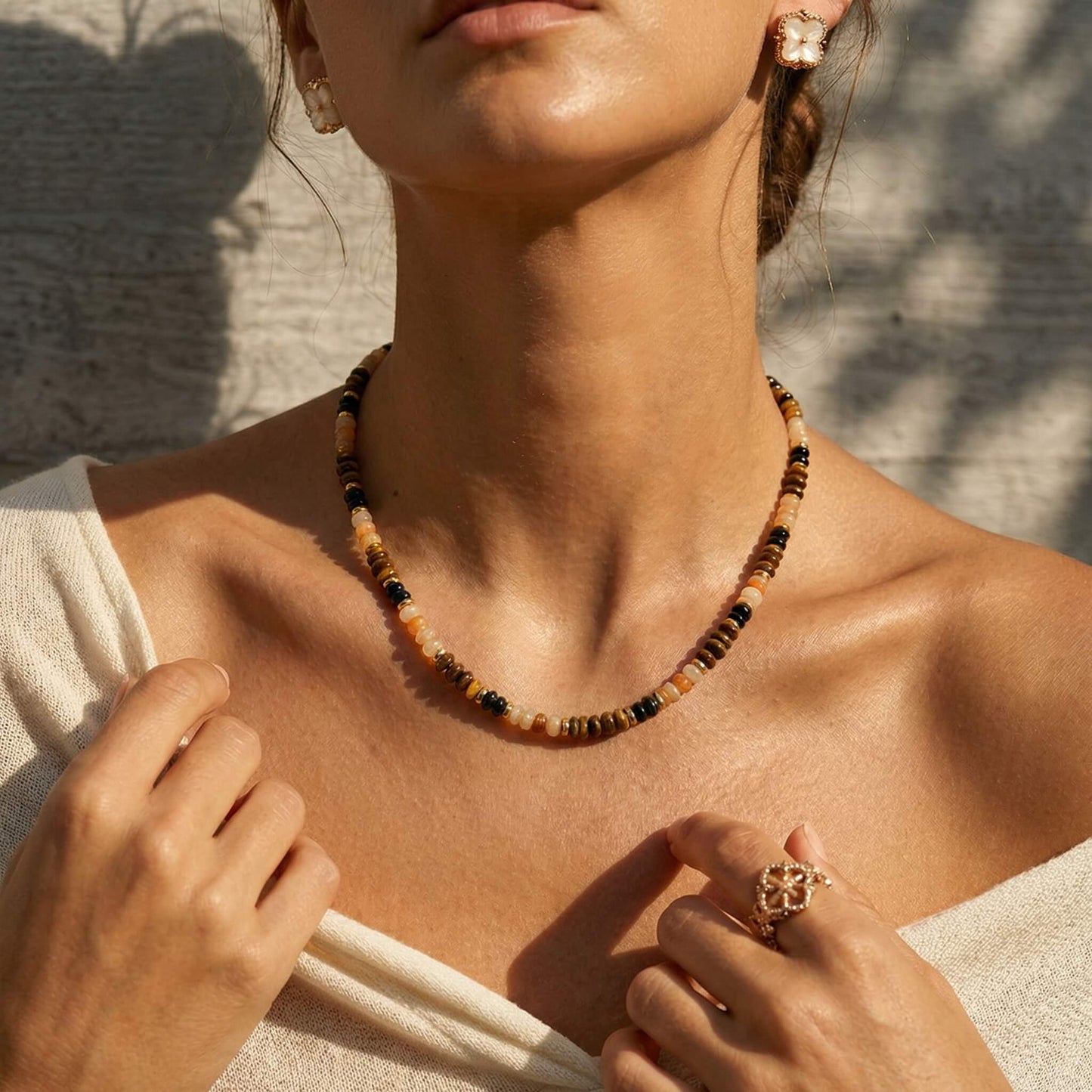Warm Earth Tone Natural Stone Beaded Choker Necklace
