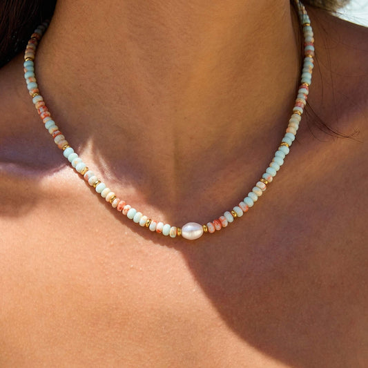 Pastel Ocean Natural Stone & Pearl Beaded Choker
