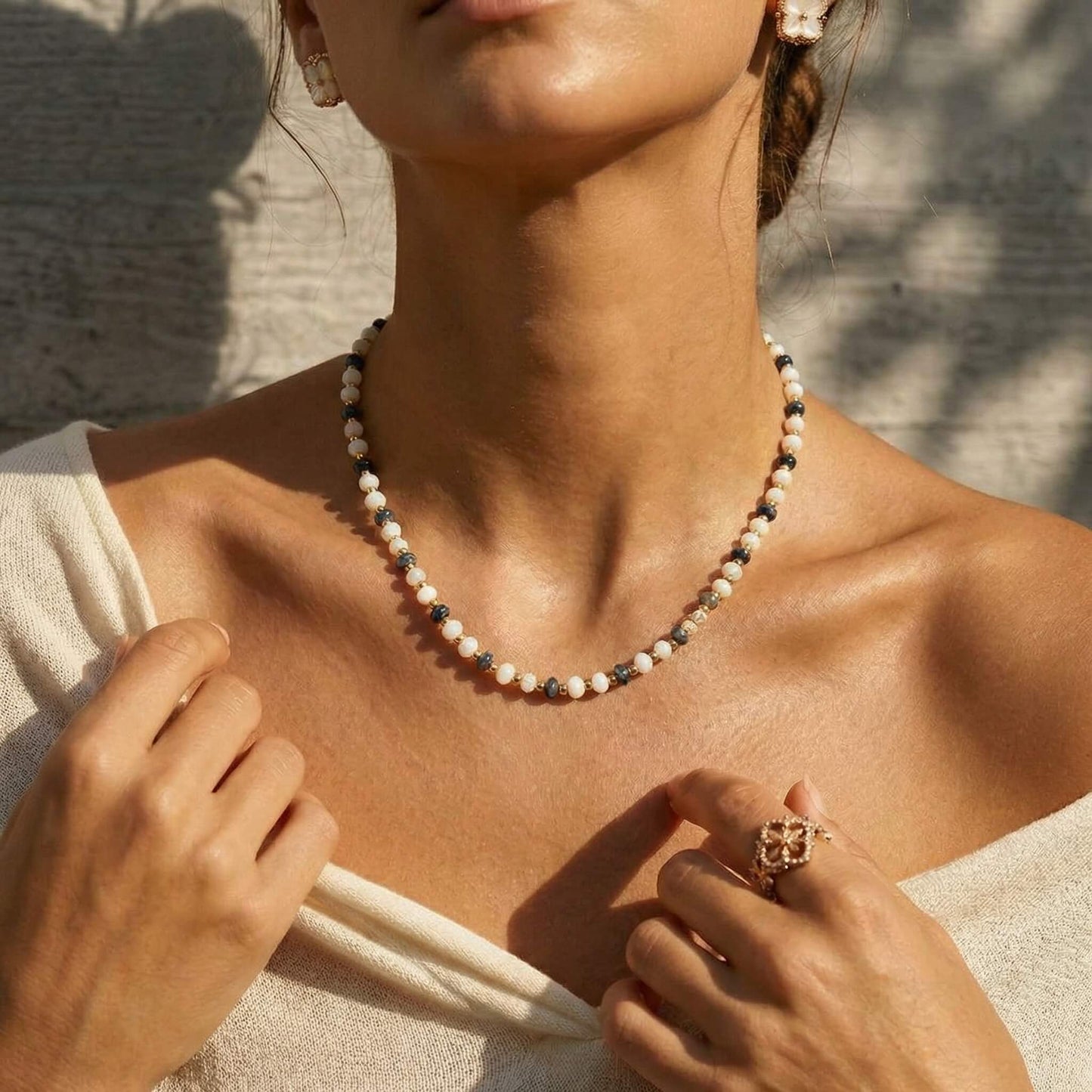 Elegant Contrast Natural Stone Beaded Choker Necklace