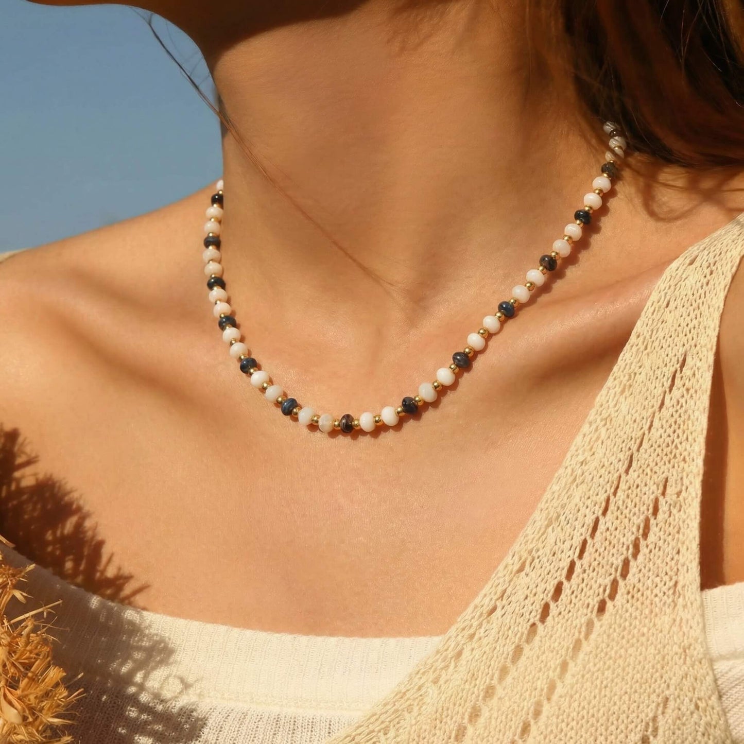 Elegant Contrast Natural Stone Beaded Choker Necklace