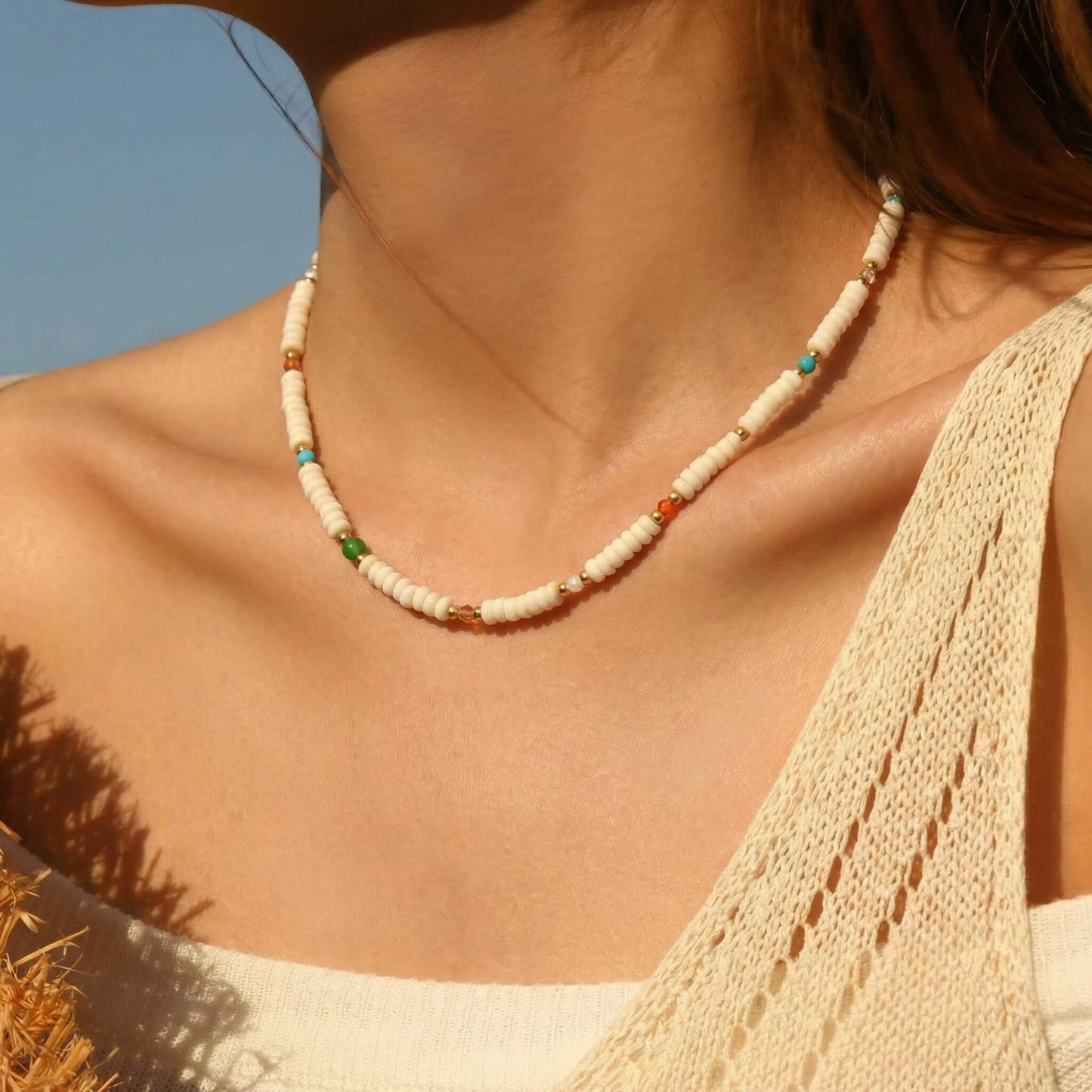 Boho Ivory Natural Stone Beaded Choker with Color Accents