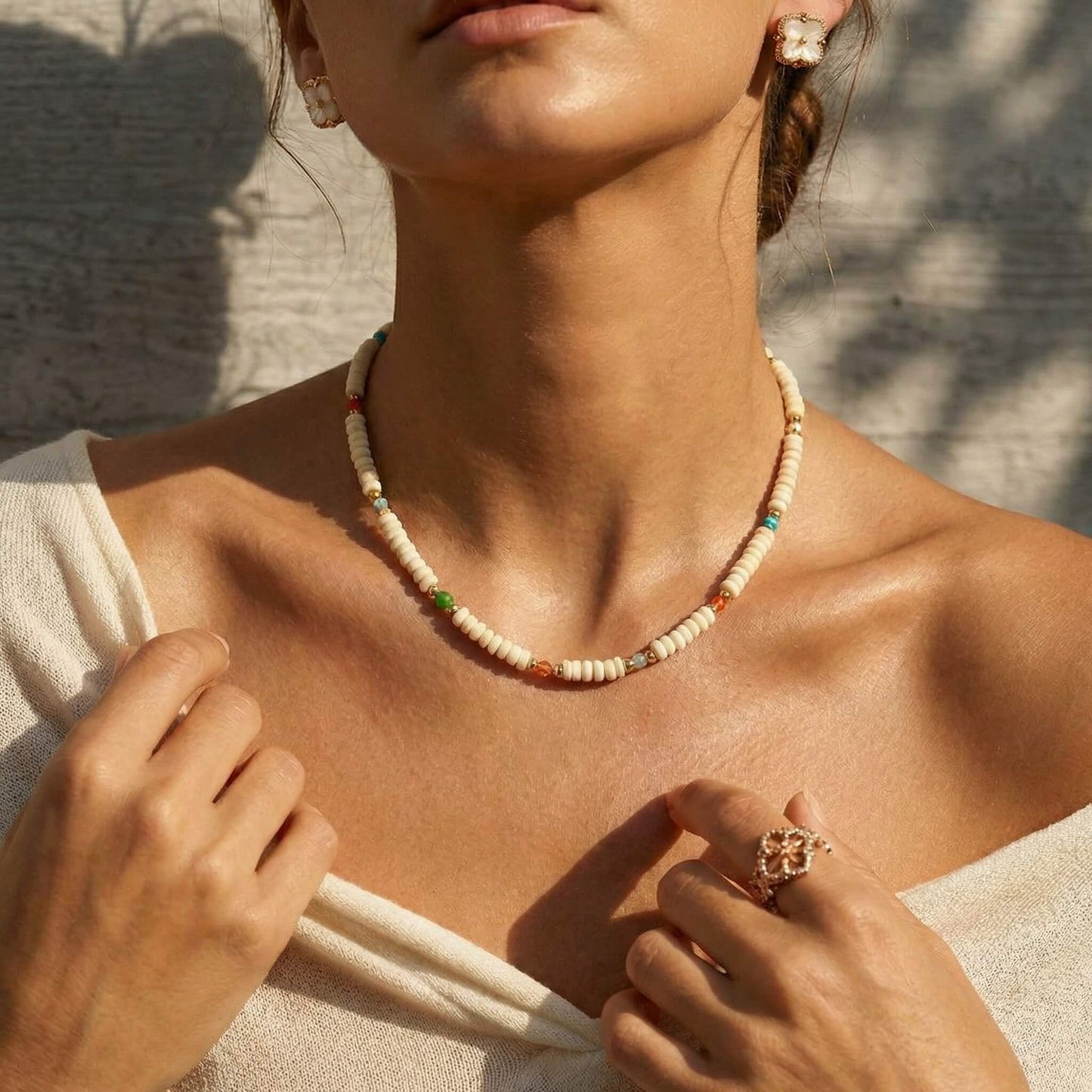 Boho Ivory Natural Stone Beaded Choker with Color Accents