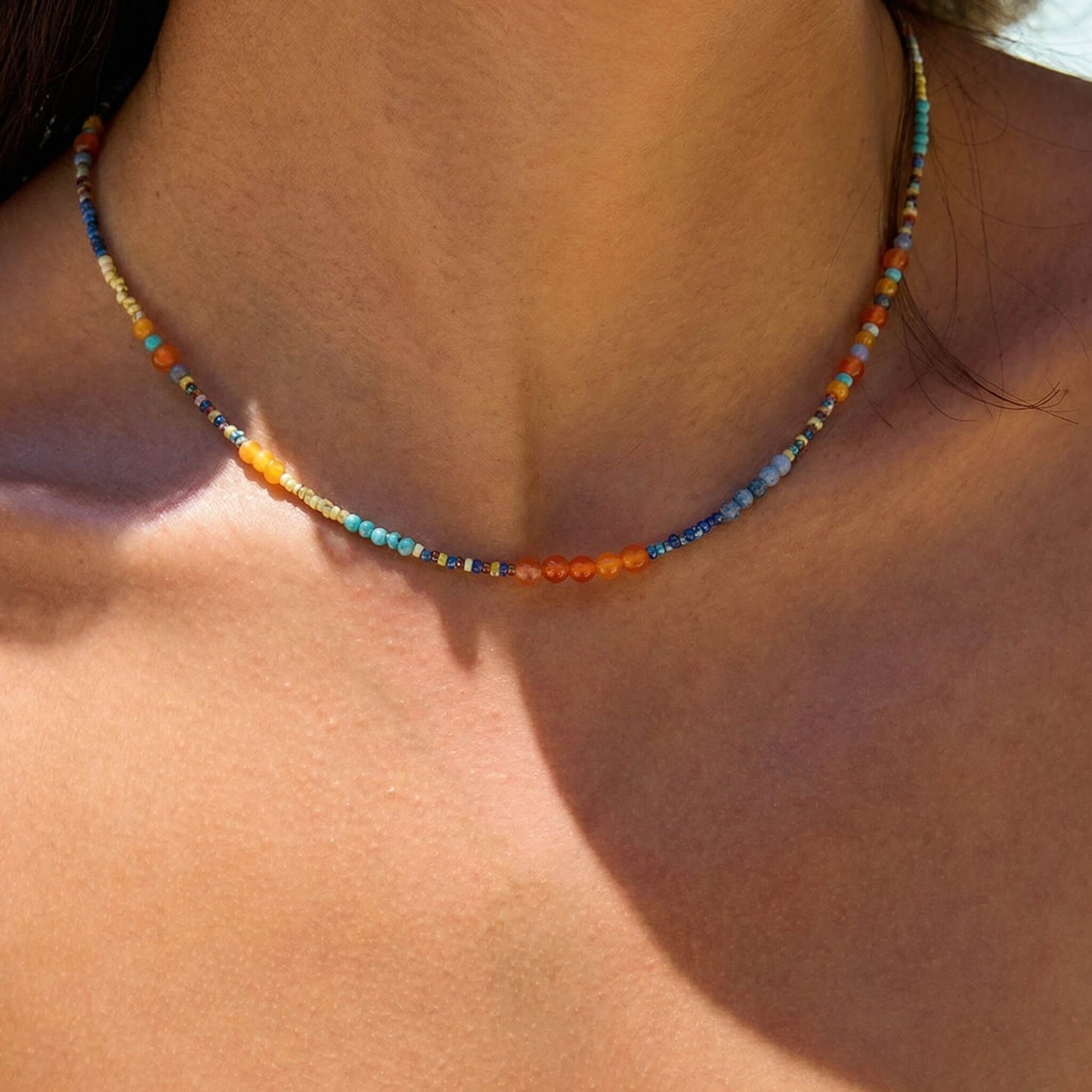 Artsy Vintage Natural Stone Necklace - Turquoise, Yellow Jade & Agate Clavicle Chain