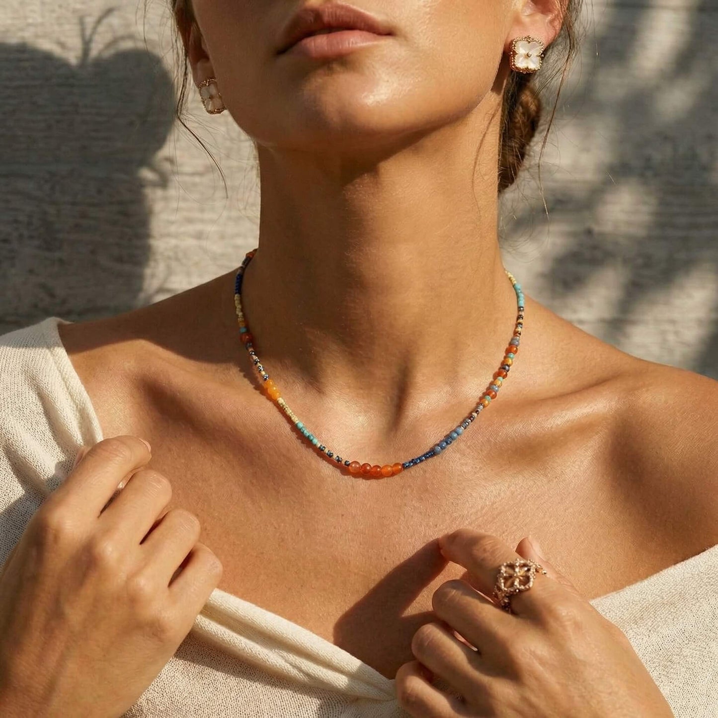 Artsy Vintage Natural Stone Necklace - Turquoise, Yellow Jade & Agate Clavicle Chain