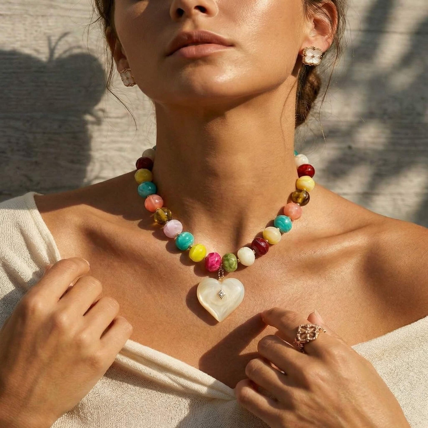 Chunky Colorful Acrylic Beaded Statement Necklace with Heart Pendant