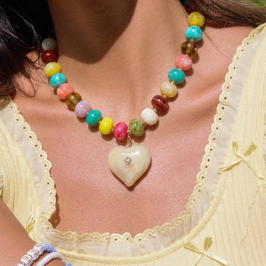 Chunky Colorful Acrylic Beaded Statement Necklace with Heart Pendant