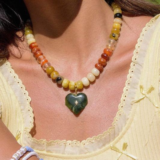 Neutral Marbled Coffee & Cream Acrylic Beaded Heart Pendant Necklace