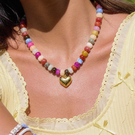 Funky Chunky Colorful Acrylic Beaded Heart Statement Necklace
