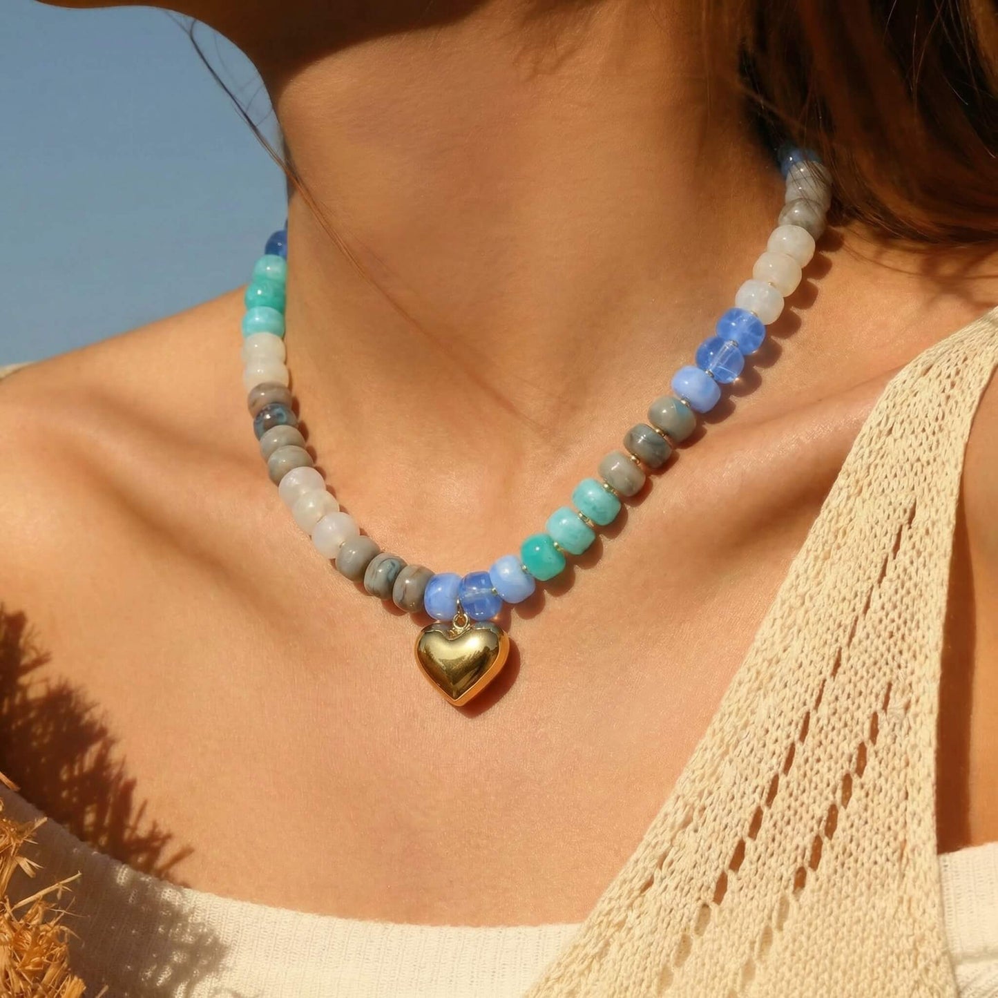 Coastal Blue Marbled Acrylic Beaded Necklace with Gold Heart Pendant