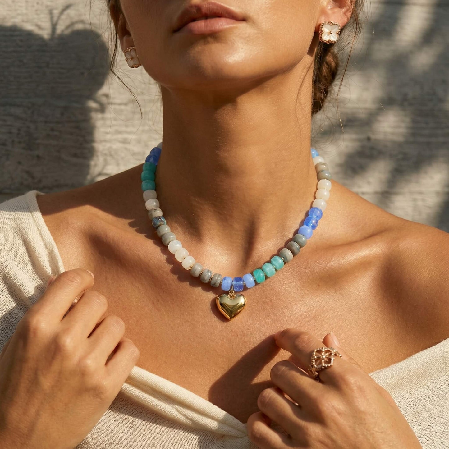Coastal Blue Marbled Acrylic Beaded Necklace with Gold Heart Pendant