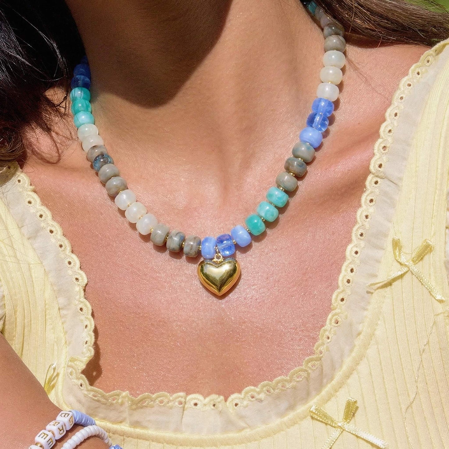 Coastal Blue Marbled Acrylic Beaded Necklace with Gold Heart Pendant