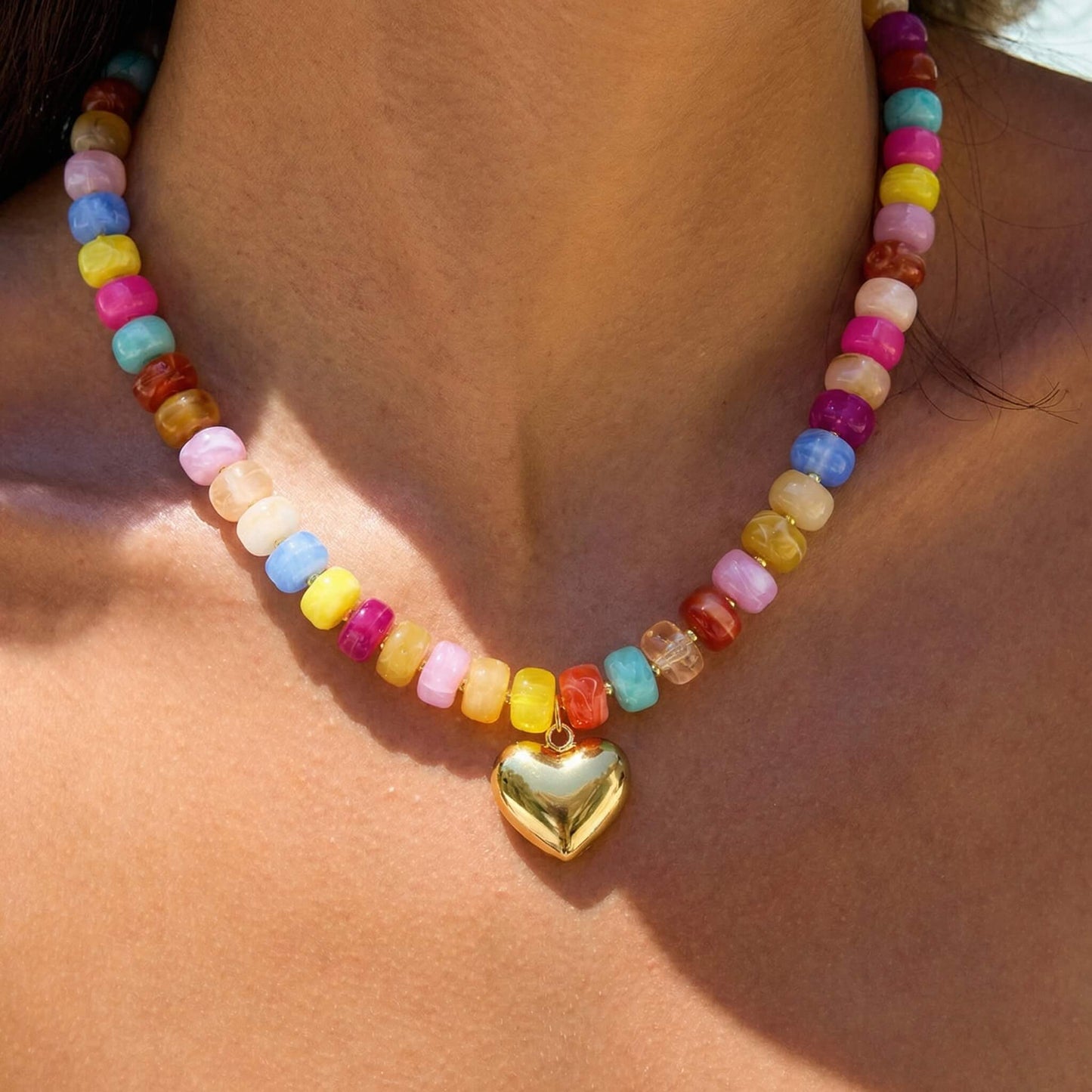 Vibrant Summer Candy Chunky Acrylic Beaded Necklace with Gold Heart Pendant