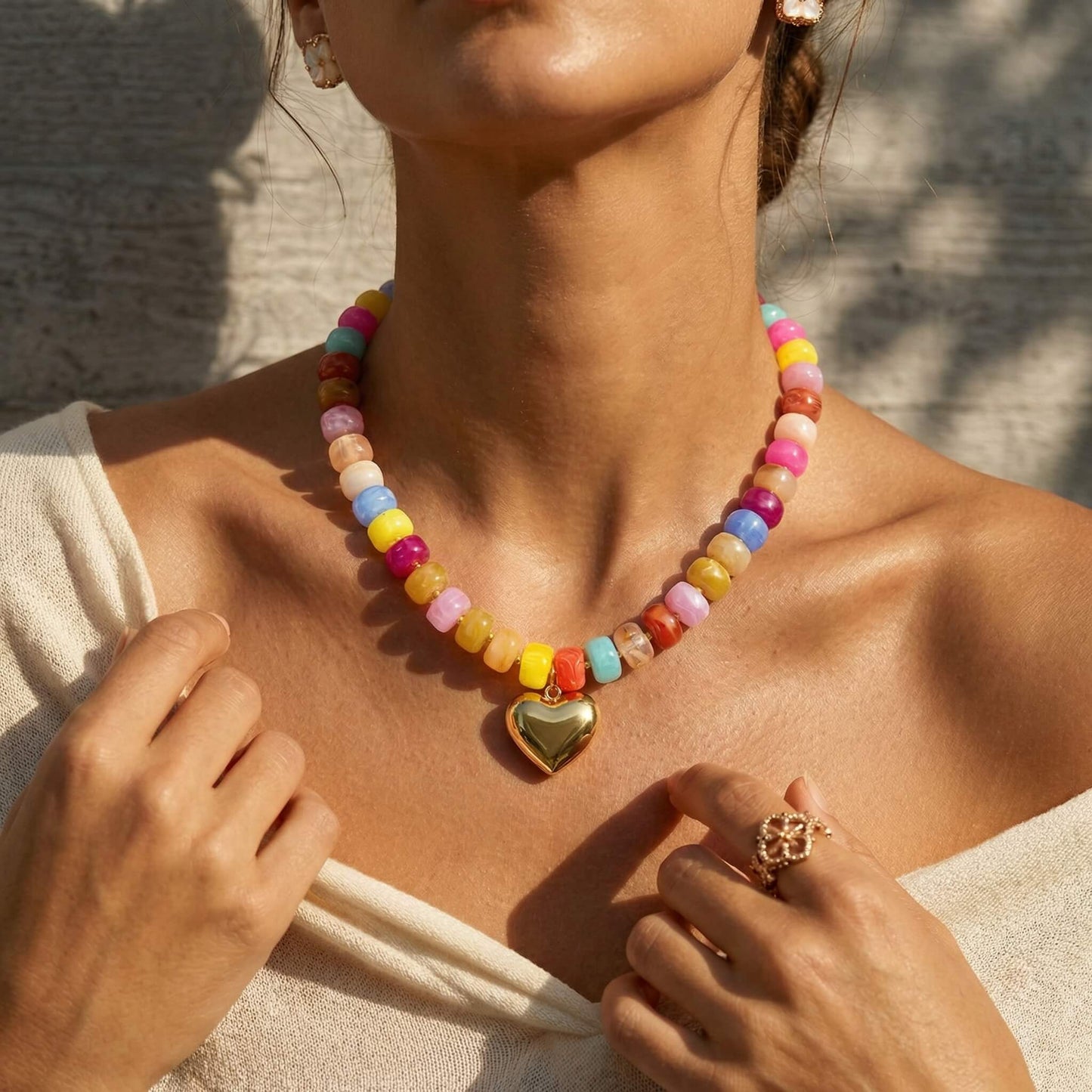 Vibrant Summer Candy Chunky Acrylic Beaded Necklace with Gold Heart Pendant