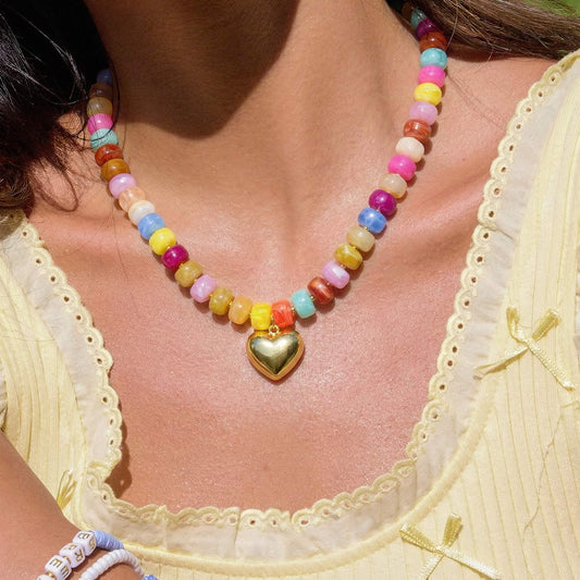 Vibrant Summer Candy Chunky Acrylic Beaded Necklace with Gold Heart Pendant