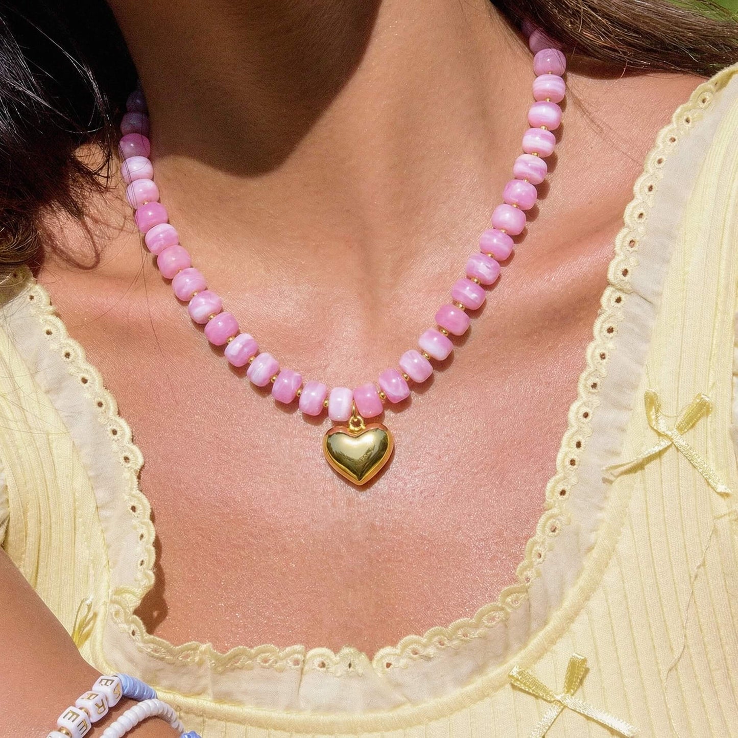 Pink Marbled Acrylic Beaded Necklace with Gold Heart Pendant