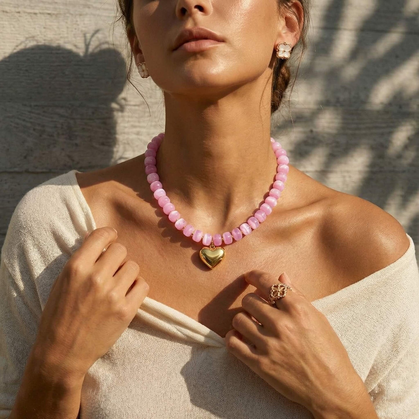 Pink Marbled Acrylic Beaded Necklace with Gold Heart Pendant