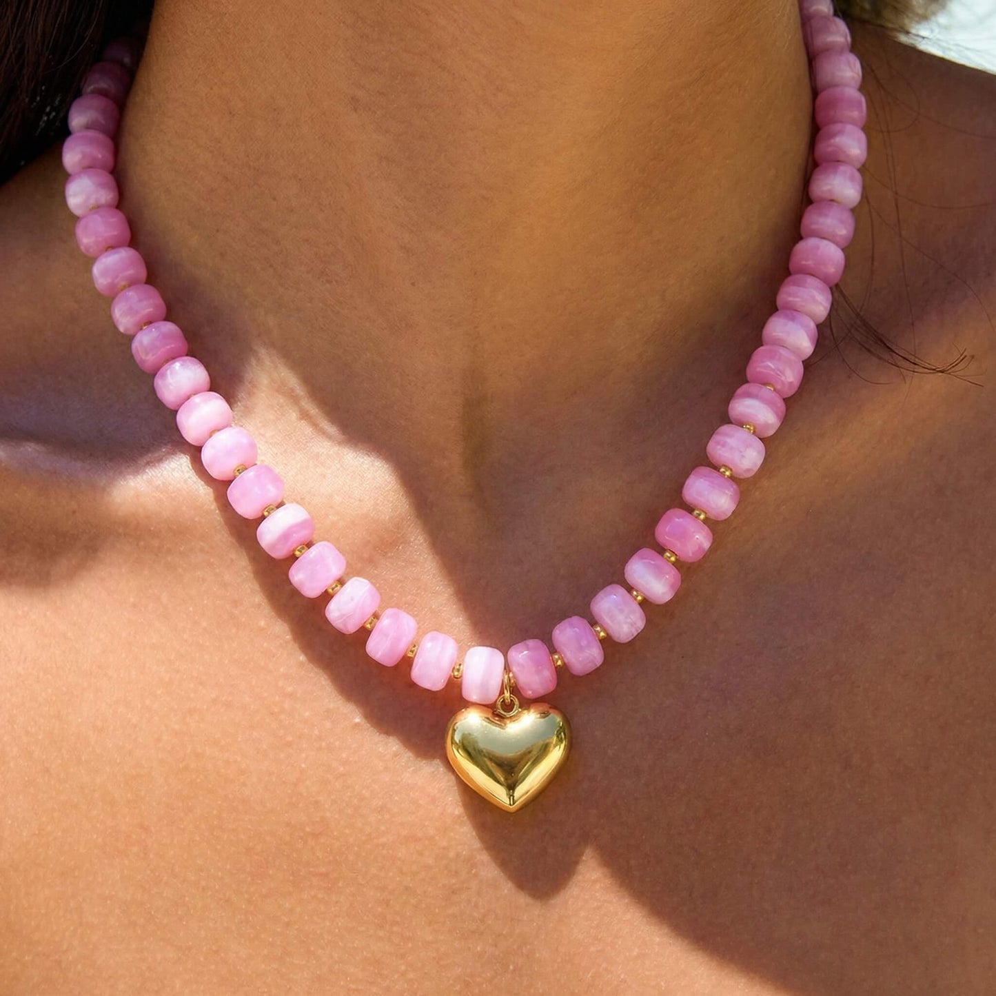 Pink Marbled Acrylic Beaded Necklace with Gold Heart Pendant