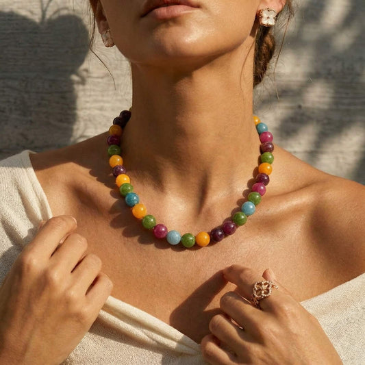 Vibrant Gemstone Palette Round Natural Stone Beaded Choker