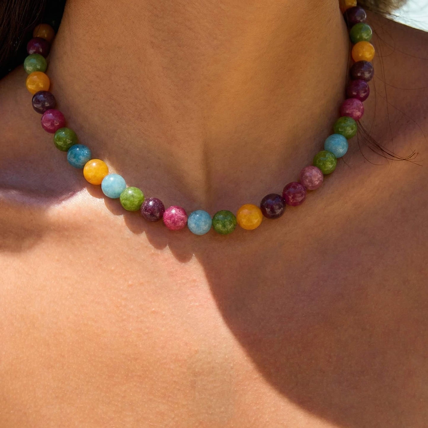 Vibrant Gemstone Palette Round Natural Stone Beaded Choker