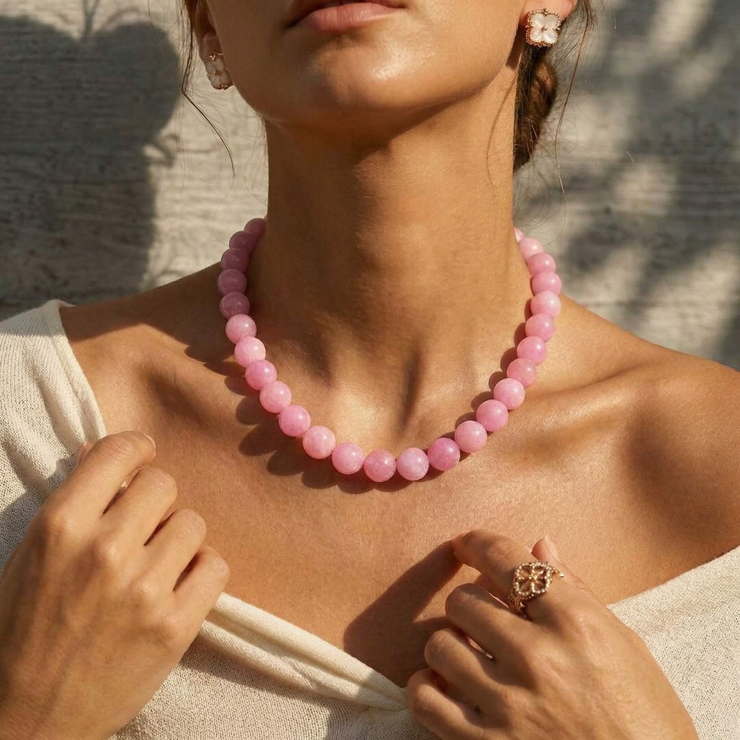 Pink Round Natural Stone Beaded Choker Necklace