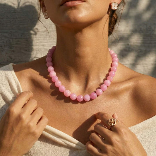 Pink Round Natural Stone Beaded Choker Necklace