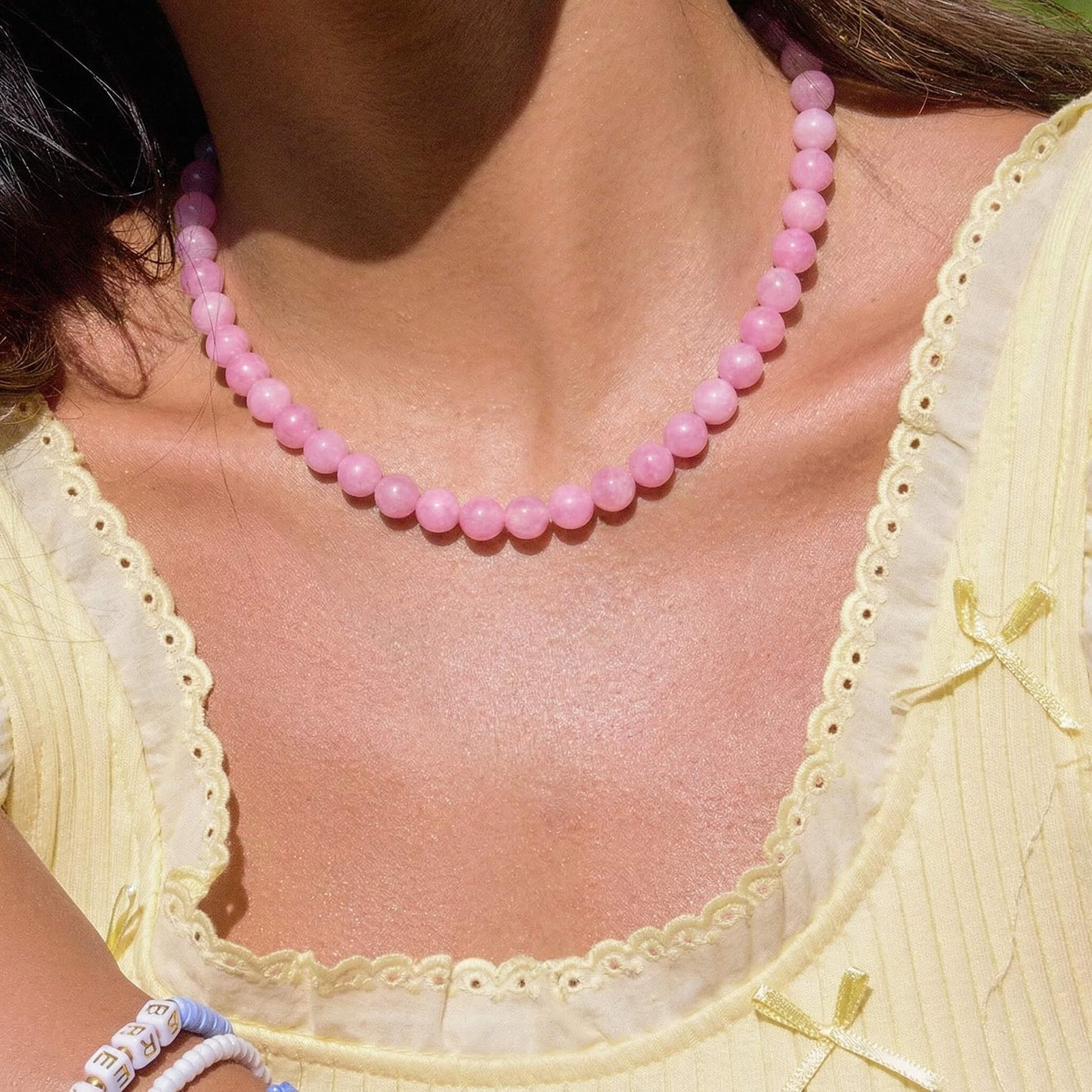 Pink Round Natural Stone Beaded Choker Necklace