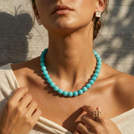 Vibrant Aqua Blue Round Natural Stone Beaded Choker Necklace