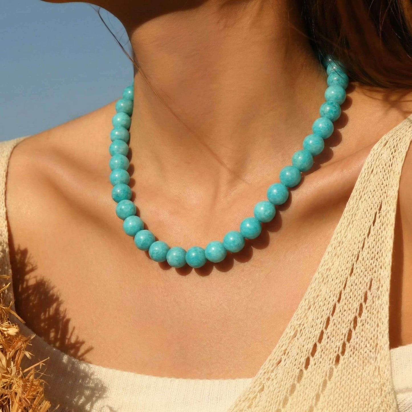 Vibrant Aqua Blue Round Natural Stone Beaded Choker Necklace